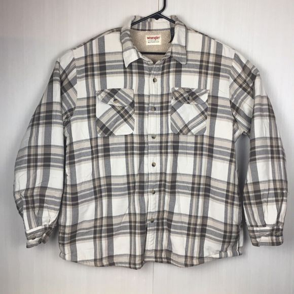 WRANGLER Authentics Men's Beige Plaid Long Sleeve Shirt Shacket Sherpa Fleece XL - Picture 1 of 11